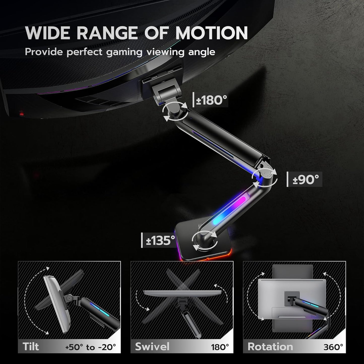Ultrawide Monitor arm for 17-49'' Heavy Duty Screen up to 44lbs, Gas Spring Single Monitor Arm with RGB Light, Adjustable Gaming Computer Monitor Arm for Desk, Black