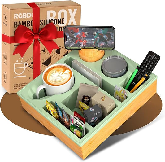 Couch Cup Holder Tray - Couch Organizer Caddy, Silicone Beach Caddy with Cup Holder, Sofa and Bed Drink Holder and Couch Tray Table for Snacks Beverage Remote (Green)