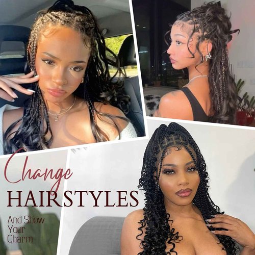 Kalyss 13x8 Hd Lace Front Knotless Braided Wigs with Curly Ends for Women Box Braid Wig with Baby Hair Black Synthetic Hair Braided Wig 24"
