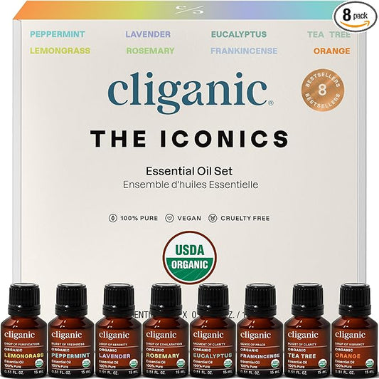 Cliganic Organic Aromatherapy Essential Oils Gift Set (Top 8), 100% Pure - Peppermint, Lavender, Eucalyptus, Tea Tree, Lemongrass, Rosemary, Frankincense & Orange