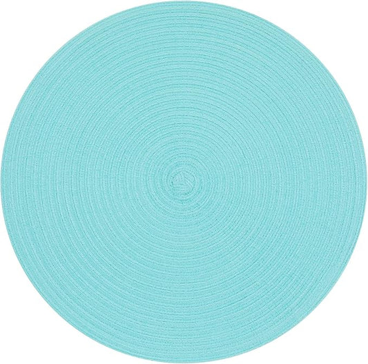 SHACOS Round Placemats Set of 4 Washable 15 inch Round Table Mats Cotton Polyester Woven Braided Place Mats for Dining Table Wedding Party Decor (Aqua, 4)