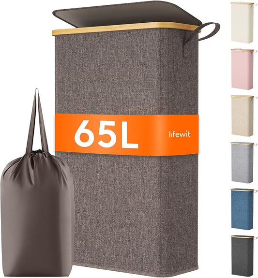 Lifewit 65L Slim Laundry Hamper with Lid, Narrow Laundry Basket with Removable Bag & Bamboo Handles, Fodable Thin Dirty Clothes Hamper for Laundry Collapsible Bin for Bathroom Bedroom Dorm, Brown