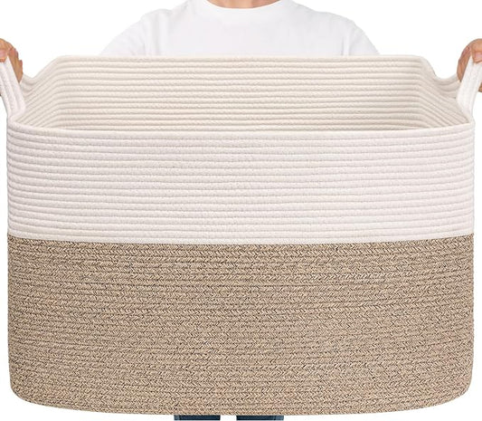 Goodpick Large Woven Blanket Basket 105L, 25"x16"x16" Cotton Rope Organizer for Toys, Dirty Clothes, Extra Large Rectangle Storage Basket for Living Room, Bedroom, White & Brown