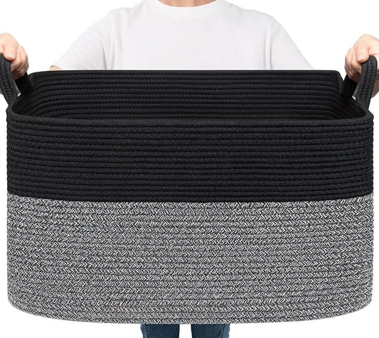 Goodpick Large Woven Blanket Basket 21.6" x 14.9" x 11.8" Storage Baskets for Organizing, Rectangle Baby Toy Bins for Kids Organizer Living Room Bedroom, Black & Gray