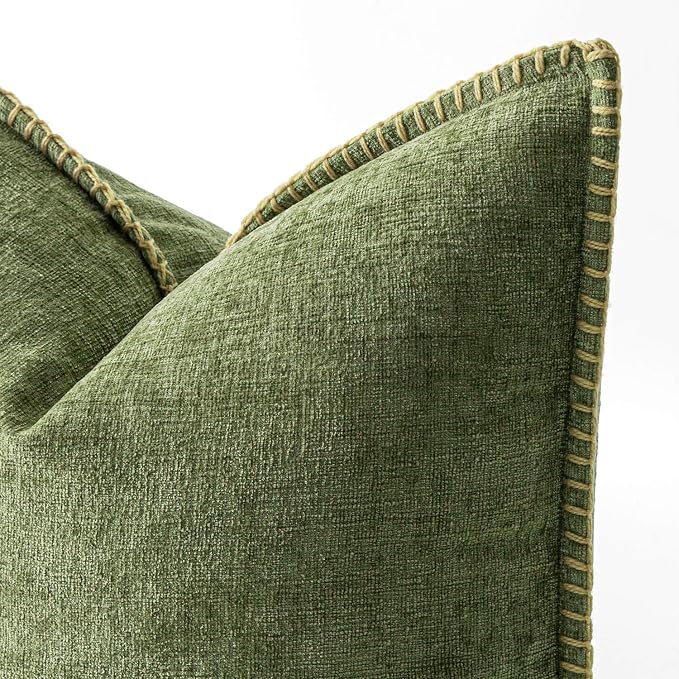 MIULEE Pack of 2 Lumbar Throw Pillow Covers 12x20 Inch Sage Green Farmhouse Decorative Pillow Covers with Stitched Edge Soft Chenille Solid Dyed Summer Pillow Covers for Couch Sofa Bed Living Room