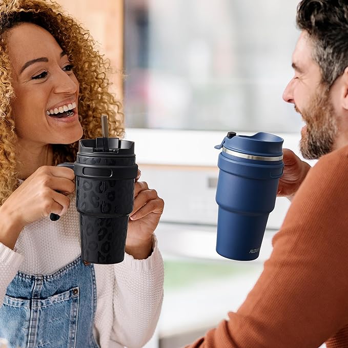 20 oz Insulated Coffee Mug Tumbler with Handle, Stainless Steel Travel Mug Tumbler with Lid and Straw,Double Wall Vacuum Leak Proof Ice Coffee Thermal Cup, Navy/Dark Rainbow