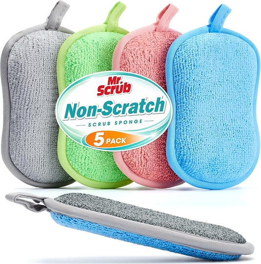 Mr. Scrub Sponges Kitchen Dish Sponge for Washing Dishes Cleaning Kitchen, 5 Pack, Non Scratch, Rough Scrubbers Side for Non-Stick Cookware, Soft Microfiber Scrub Side for Dishes, Multicolor