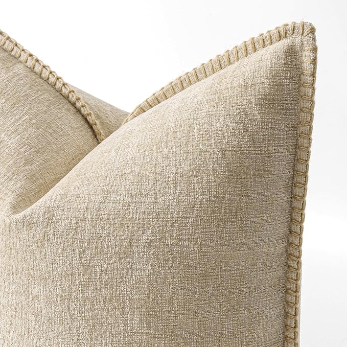 MIULEE Pack of 2 Summer Throw Pillow Covers 18x18 Inch Beige Farmhouse Decorative Pillow Covers with Stitched Edge Soft Chenille Solid Dyed Pillow Covers for Couch Sofa Bed Living Room