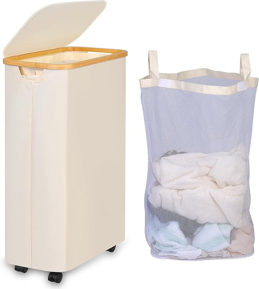 iEGrow Laundry Hamper with Lid, 75L Hamper with Wheels & Removable Bag, Slim Laundry Basket on Wheels with Bamboo Frame, Collapsible Rolling Clothes Hamper for Bedroom Dorm, Beige