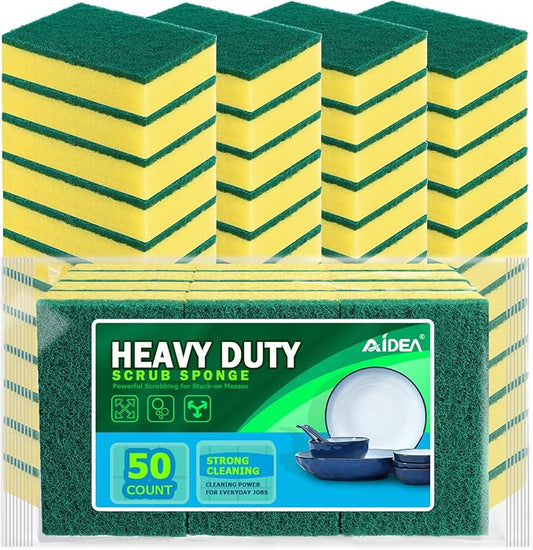 AIDEA Sponges Kitchen, 50 Pack Heavy Duty Dish Sponge, Cleaning Dish Scrubber Sponge for Home and Kitchen, Stink-Free Cleaning Supplies for Pots, Pans