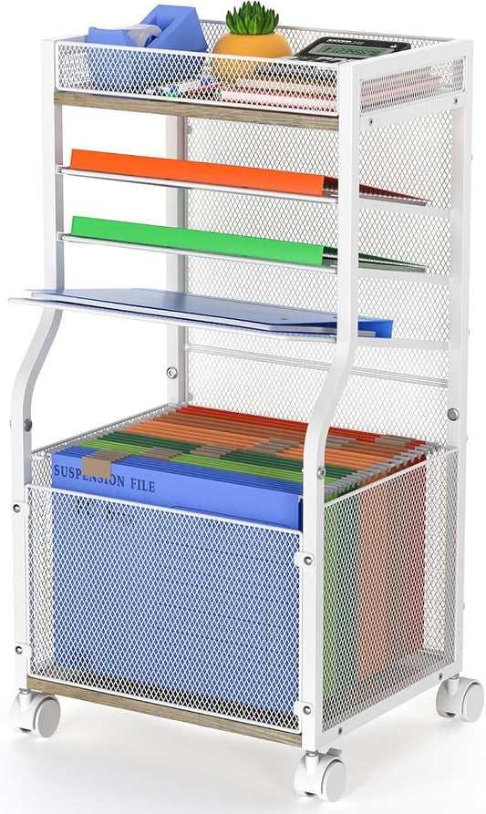 5-Tier Rolling File Cart with Lockable Wheels, Mobile Desk File Organizer Hanging File Folders Paper Letter Sliding Trays, White Wood & Mesh Hanging Folder Drawer Organization for Office, Home, School