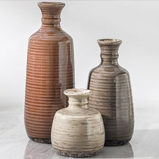 Ceramic Vases Set of 3, Neutral Rustic Farmhouse Vases Home Decor Decorative Flower Vase Modern Boho Pampass Vase for Table Mantel Entryway Shelf Living Room Kitchen Bathroom - Brown