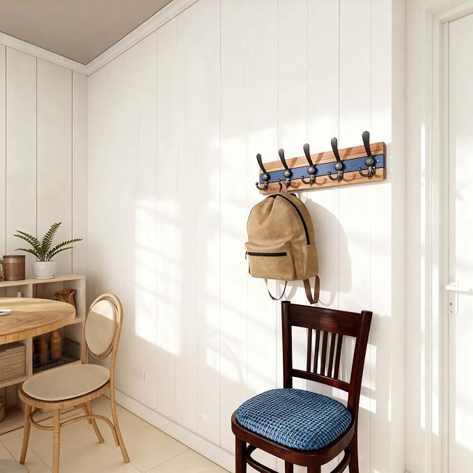 SKOLOO Rustic Wall Mounted Coat Rack - 16-7/8" Long Coat Hooks for Wall with 5 Triple Hooks for Hanging Coats, Hats or Tools, Western National Parks Collection, Wood Brown & Blue