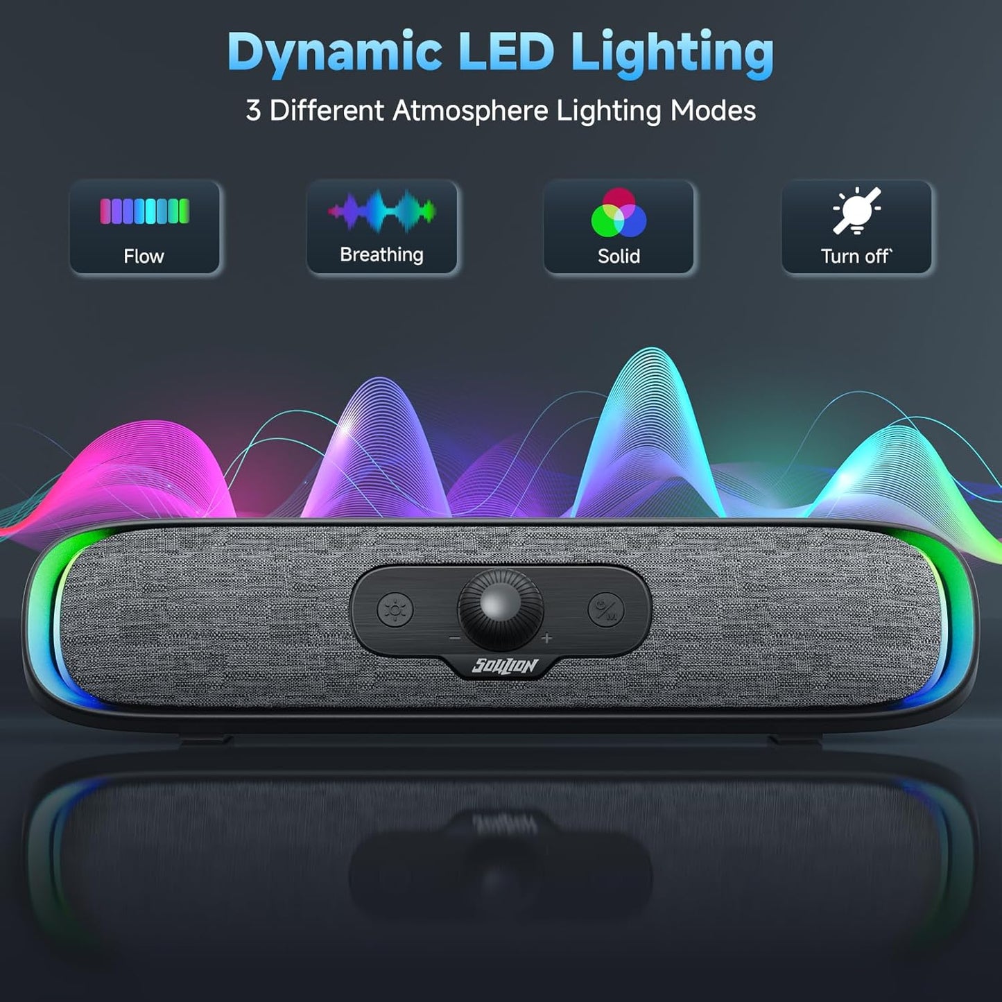 SOULION R200 Bluetooth Computer Speakers, Compact PC Speakers, USB C/USB Plug & Play Desktop Speaker with Colorful LED Lights, Clear Sound PC Soundbar for Computer Desktop Laptop Monitor