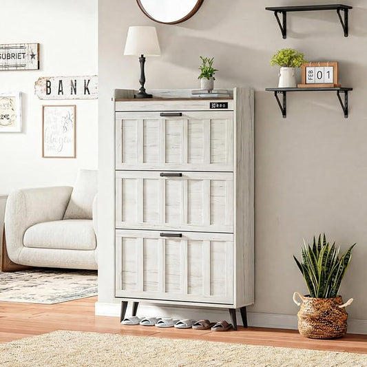 ChooChoo Shoe Storage Cabinet with 3 Flip Drawers, Deodorizing Shoe Organizer Storage for Entryway, Freestanding Hidden Slim Narrow Shoe Rack Cabinet, Antique White & Brown
