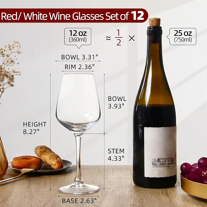 Wine Glasses Set of 12, 12oz Clear Red/White Wine Cup, Long Stem Wine Glasses for Party, Wedding and Home