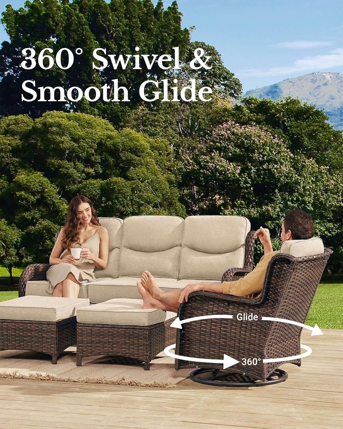 HILLGA Luxury Patio Furniture Set with 6-Inch Thick Cushions, High Back Outdoor Swivel Rocker Chairs and Patio Loveseat, 5-Piece All Weather Conversation Set for Porch Deck Pool Yard, Beige (V3)