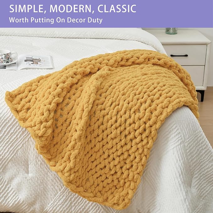 Bigacogo Chunky Knit Throw Blanket for Couch, 40x40 inches, 100% Hand Knitted with Thick Jumbo Chenille Yarn, Cozy Soft Large Rope Knot Cable Crochet Blankets for Sofa Bed Living Room, Mustard Yellow