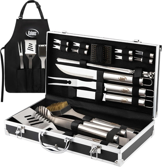 Kaluns Grilling Accessories, Birthday Gifts for Men Grilling Gifts, Heavy Duty Stainless Steel BBQ Grill Tools Set for Outdoor Grill with Aluminum Case and Apron, Husband Dad Gifts for Christmas