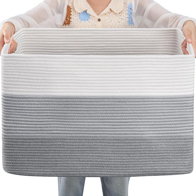 OIAHOMY 108L Large Cotton Rope Basket, Rectangle Woven Baskets for Storage, Nursery Blanket Storage Living Room, Toy Basket With Handle-25”x16”x16”-Gradient Grey