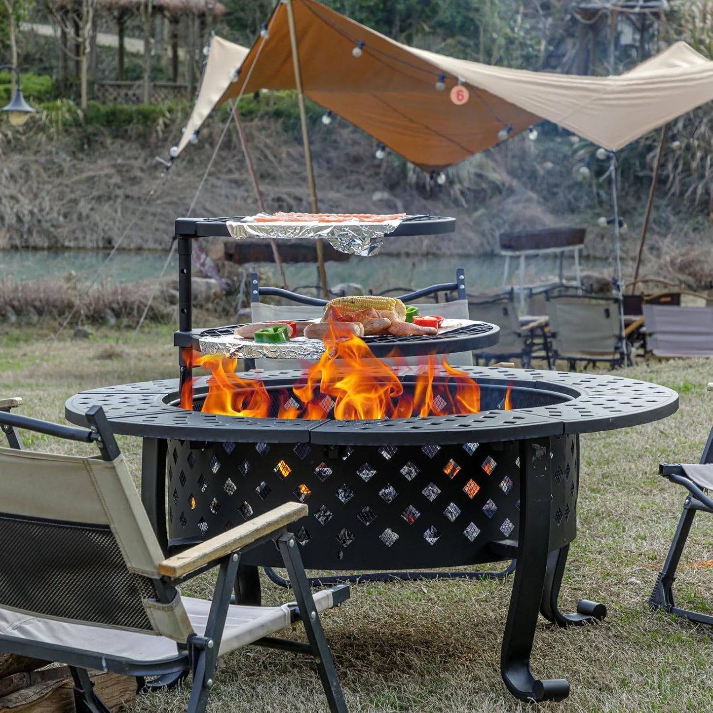 42 Inch Fire Pit with 2 BBQ Grills, Wood Burning Fire Pits for Outside with Lid & Fire Poker, BBQ& Outdoor Firepit & Round Metal Table 3 in 1 for Patio, Picnic, Party