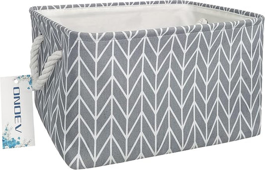 Thick Collapsible Rectangular Storage Bin with Cotton Rope Handles,Grey Chevron Fabric Organizer for Bedroom,Closet,Bathroom (Grey Chevron)