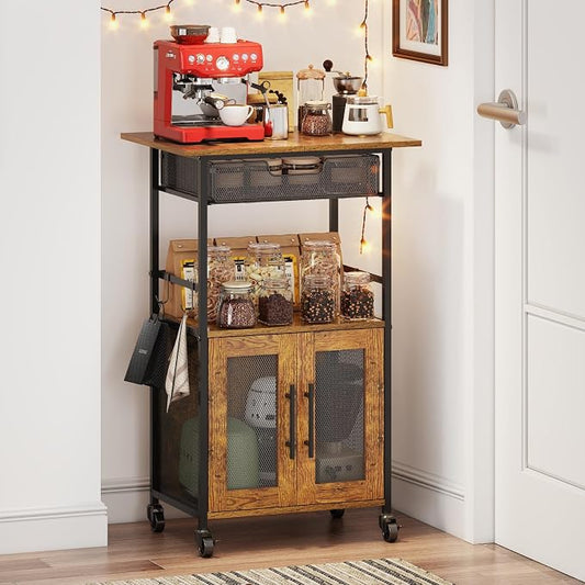 3 Tier Slim Rolling Coffee Cart with 2-Door & Pull-Out Wire Basket Drawer, Coffee Bar Cabinet on Lockable Casters, 32.7" H Microwave Cart with Storage for Home, Kitchen, Dining Room (Rustic Brown)