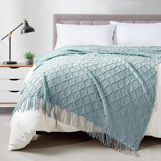 BOURINA Aqua Throw Blanket 50 x70 Inches Jacquard Argyle Throw Textured Solid Soft Throws and Blankets for Sofa or Bed Knitted Decorative Blanket