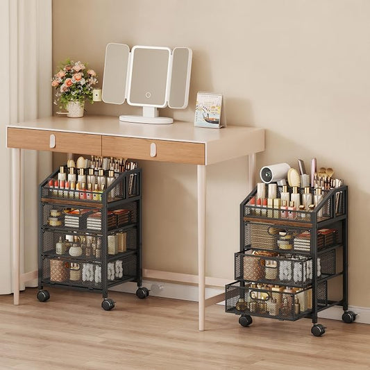 HapiRm Rolling Makeup Organizer Cart- Under Desk Vanity Storage with 3 Drawers, Floor Nail Cart Skincare Organizers Cosmetics Display Cases for Nail Polish Perfume Makeup Brush Hair Tool, Black