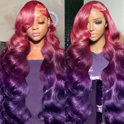 GGEDUO Dark Purple Ombre Lace Front Wig Human Hair Body Wave Burgundy Ombre 13x4 HD Glueless Lace Front Wigs 3 Tone Pink to Red and Purple Colored for Fashion Women 180% Density 18 Inch