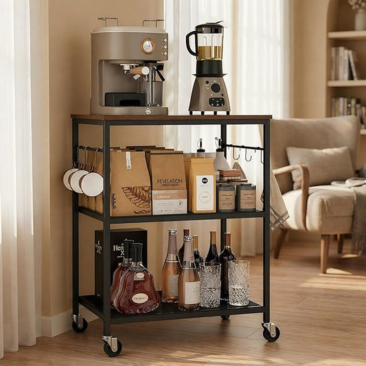 Homleke 3-Tier Rolling Kitchen Microwave Cart, Kitchen Utility Cart on Lockable Wheels, Coffee Bar Table Station with 6 S-Shaped Hooks, Small Appliance Storage Shelf, Rustic Brown and Black