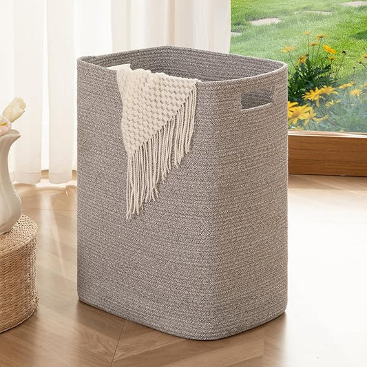OIAHOMY Laundry Hamper, Laundry Basket，Rectangle Cotton Storage Basket with Handles, Large Blanket Basket for Living room, Woven Decorative Storage for Toys,Clothes,Pillows-16x13x22in-Grey variegated