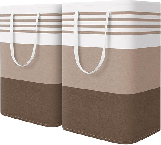 WOWBOX 2 Pack Laundry Baskets, Laundry Hampers, Freestanding Dirty Clothes Hampers with Reinforced Handles & Cross Stitch & Waterproof Coating, for Laundry Bedroom Bathroom Dorm,75L Khaki