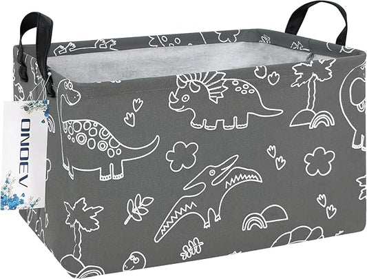 Rectangular Dinosaur Pattern Storage Bin, Decorative Canvas Laundry Basket with Dual Handles,Foldable Household Toy Organizer,Multipurpose Party Gift Basket for Bedroom Dorm(Gray Line Dinosaur)