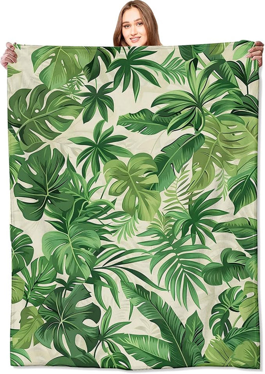 Tropical Green Leaves Blanket Lush Botanical Leaf Throw Blankets with Plant,Birthday Gifts for Girls Women & Nature Lovers,Lightweight Soft Fleece,for Sofa Couch Bed Room Decor 50x60in