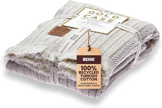 GOLD CASE Throw Blanket for Couch - 100% Recycled Turkish Cotton Blankets & Throws - Vintage Soft Throw Blankets for Living Room - Boho Decorative Woven Couch Blanket - 60x80 - Beige