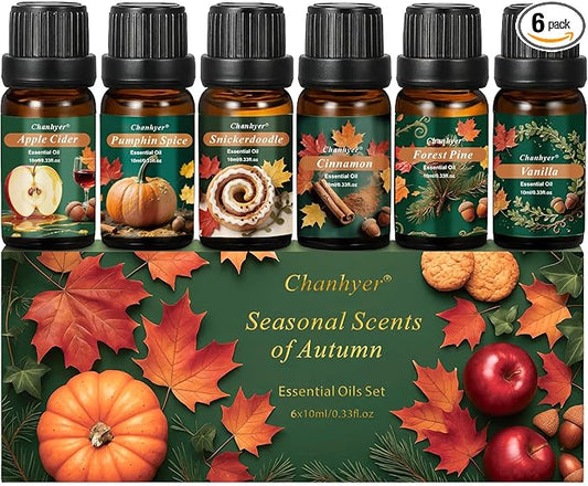 Fall Essential Oils Set 6x10ml-Pumpkin Spice,Apple Cider,Snickerdoodle,Vanilla,Cinnamon,Pine,Autumn Fragrance Oils for Diffuser,Home Scenting and Seasonal Gifts