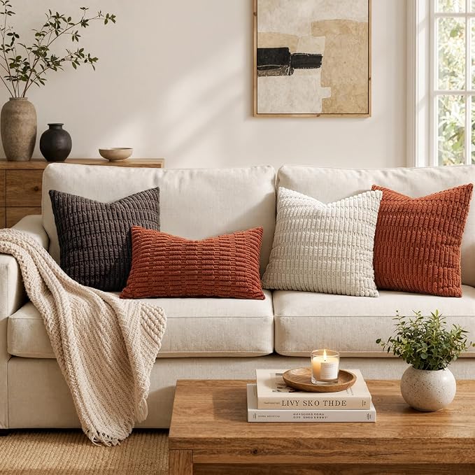 MIULEE Pack of 2 Rust Corduroy Decorative Lumbar Pillow Covers 20x12 Inch Soft Boho Striped Throw Pillow Covers Modern Farmhouse Home Decor for Summer Sofa Living Room Couch Bed