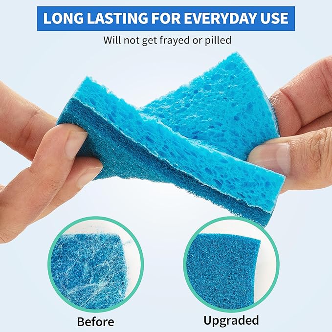 Non-Scratch Cellulose Scrub Sponges 24 Pack, Kitchen Sponge with Double-Side & Ergonomic Design. Sturdy Sponge for Dishes, Coated Cookware, Sink, Countertops.