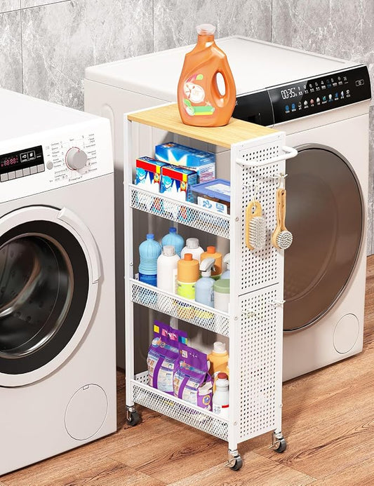 Utility Slim Storage Cart 4 Tier Small Rolling Kitchen Laundry Room Organization Cart with Wood Top Metal Narrow Laundry Room Shelves Cabinet Unit Laundry Organizer Trolley with Handle for Small space