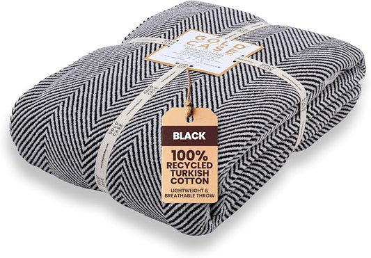 Gold Case Throw Blanket for Bed - 100% Recycled Turkish Cotton Blanket - Elegant Lightweight Soft Throw Blankets for Bed & Living Room - Queen Size Cozy Blankets - 90x90 - Black