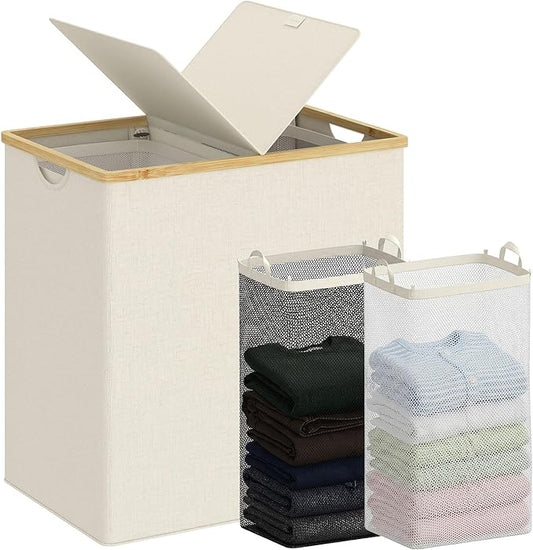 efluky Laundry Hamper with Lid, Double Laundry Basket with 2 Removable Bags, 2 Section Laundry Bin with Bamboo Handles for Bathroom, Bedroom & Laundry Room, 140L (36.9 Gallon) Beige