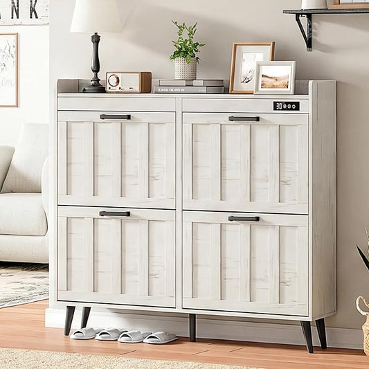 ChooChoo Shoe Storage Cabinet with 4 Flip Drawers, Deodorizing Shoe Organizer Storage for Entryway, Freestanding Hidden Slim Narrow Shoe Rack Cabinet, Antique White