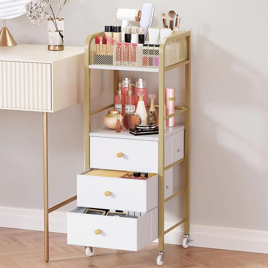 HapiRm Rolling Makeup Cart Organizer - Floor Skincare Make Up Storage with 3 Non-woven Fabric Drawers, Vanity Organizer Cosmetic Display Cases Holder for Skin Care Perfume Nail Polish Brush Hair Tool
