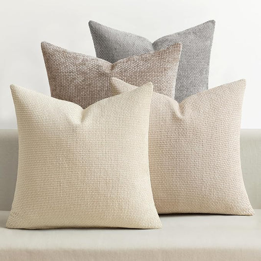 MIULEE Pack of 4 Couch Throw Pillow Covers 22x22 Inch Neutral Beige/Brown Soft Decorative Chenille Pillow Covers Farmhouse Accent Cushion Covers for Boho Spring Home Decor Sofa Bedroom Living Room