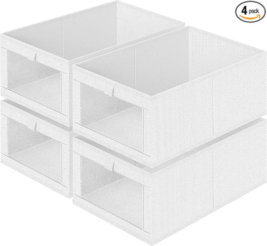 Criusia 4 Pack Closet Organizers and Storage, Large Linen Closet Baskets for Organization, Foldable Storage Containers for Towels, Clothing, Jeans, Books, Shelves, White