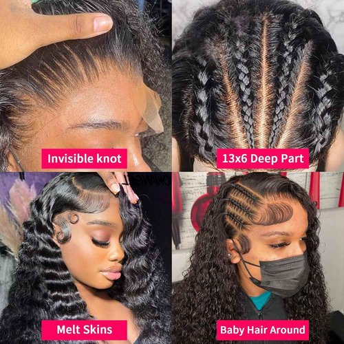 28 Inch 13x6 Deep Wave Lace Front Wigs Human Hair HD Transparent Deep Curly Lace Frontal Wigs Human Hair 180 Density Pre Plucked Glueless Wigs for Women Natural Color