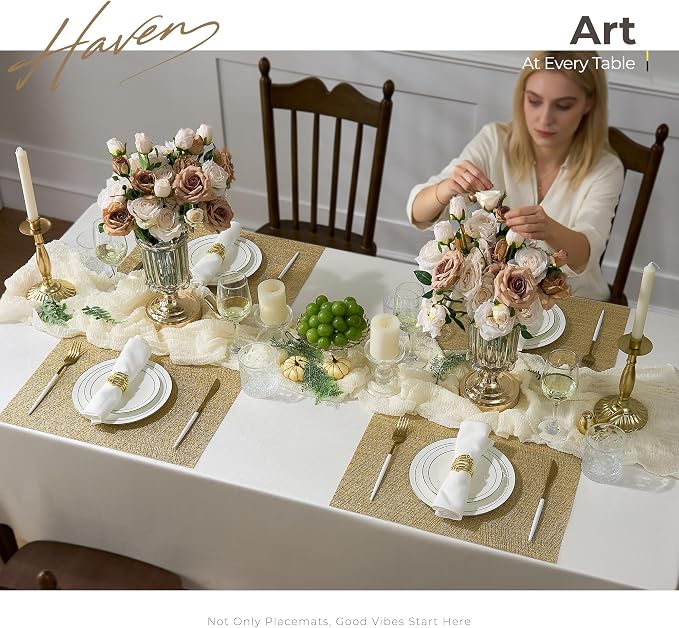 Leetaltree Gold Placemats Set of 6 - Heat Resistant Non-Slip Place mats for Dining Table, Washable Durable PVC Vinyl Woven Table Mats(Luxury Gold, 6)