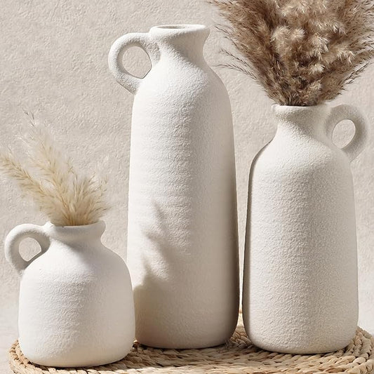Ceramic Vase Set of 3 with Handle, White Modern Farmhouse Vases for Pampas Grass & Dried Flowers, Flower Vase for Table Living Room Home Decor