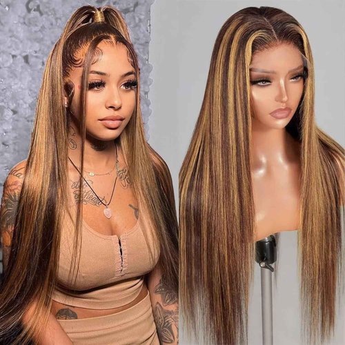Arsola Ombre Highlight Lace Front Wigs Human Hair 180% Density 13x6 HD Transparent Pre Plucked Straight Lace Front Wigs Human Hair 20 Inch Glueless #4/27 Colored Honey Blonde Wig for Women